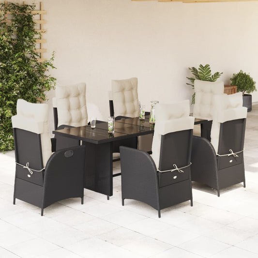 7-tlg. Garten-Essgruppe mit Kissen Schwarz Poly Rattan