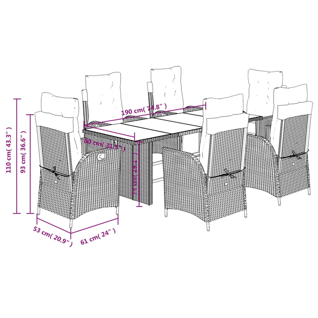 7-tlg. Garten-Essgruppe mit Kissen Schwarz Poly Rattan