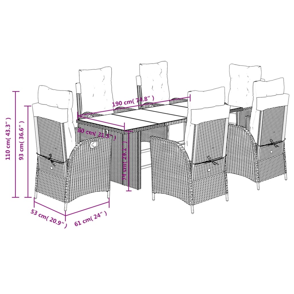 7-tlg. Garten-Essgruppe mit Kissen Grau Poly Rattan