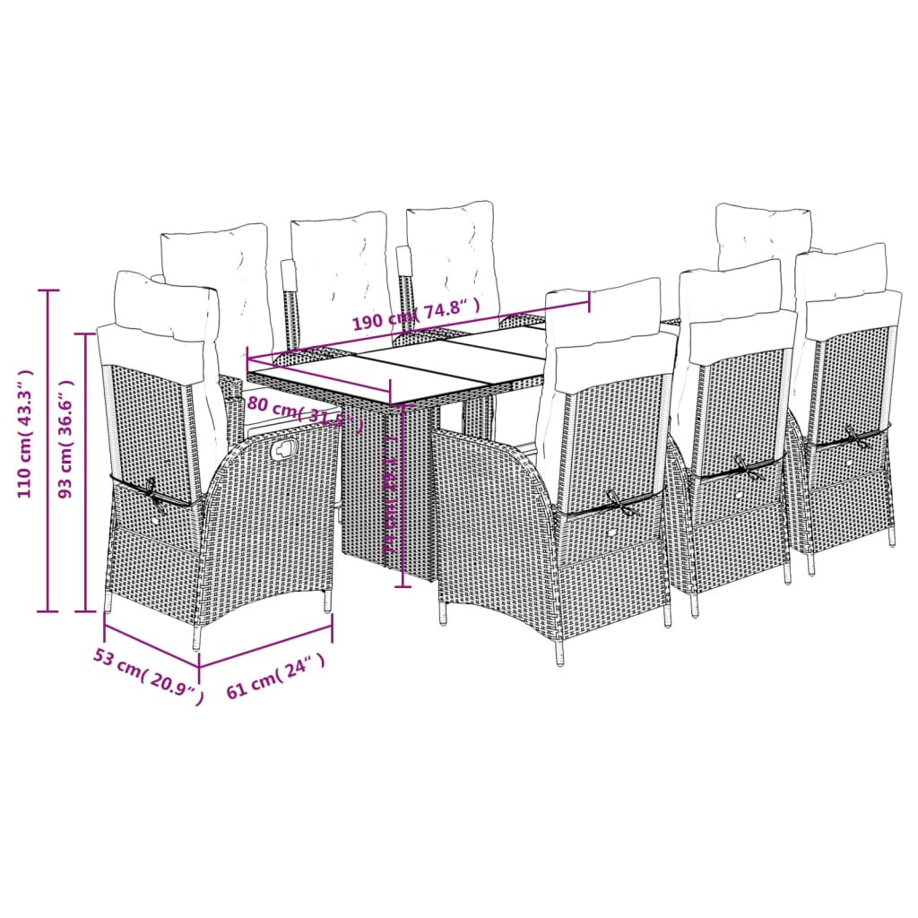 9-tlg. Garten-Essgruppe mit Kissen Grau Poly Rattan