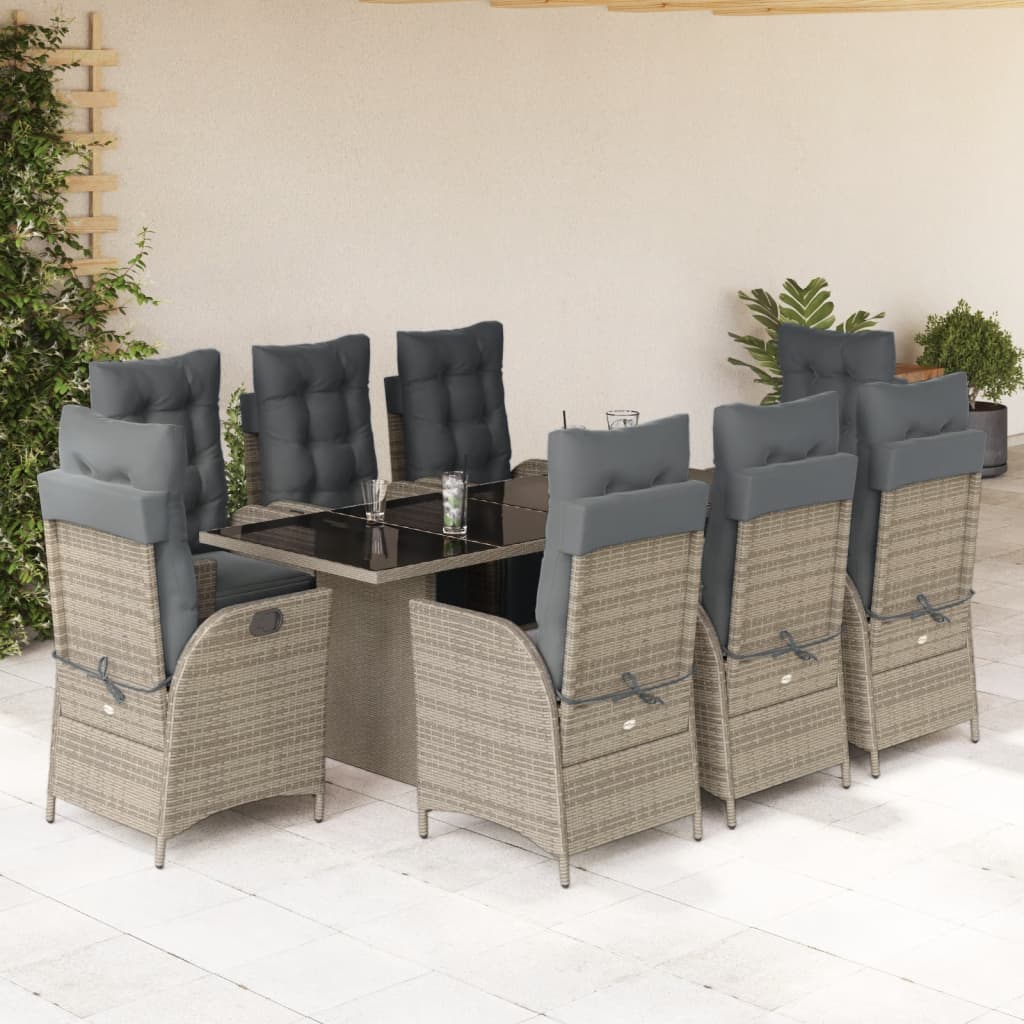 9-tlg. Garten-Essgruppe mit Kissen Grau Poly Rattan