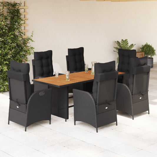 7-tlg. Garten-Essgruppe mit Kissen Schwarz Poly Rattan