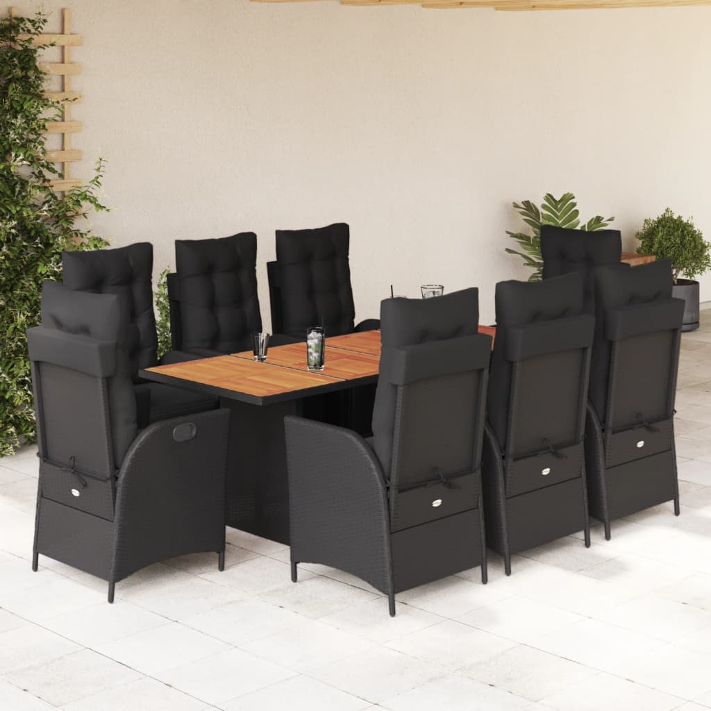 9-tlg. Garten-Essgruppe mit Kissen Schwarz Poly Rattan