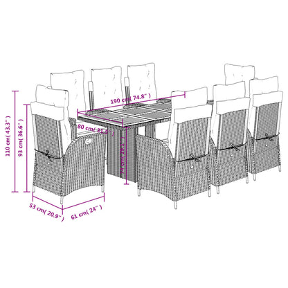 9-tlg. Garten-Essgruppe mit Kissen Grau Poly Rattan