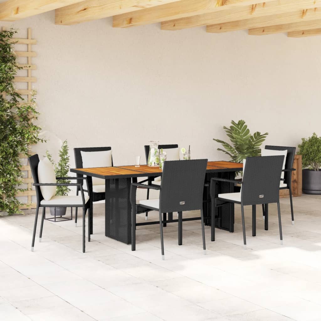 7-tlg. Garten-Essgruppe mit Kissen Schwarz Poly Rattan