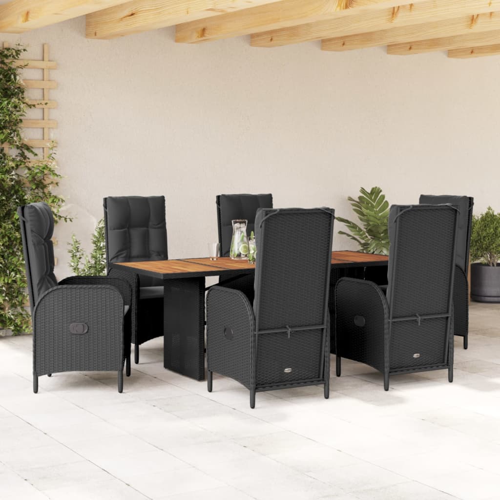 7-tlg. Garten-Essgruppe mit Kissen Schwarz Poly Rattan