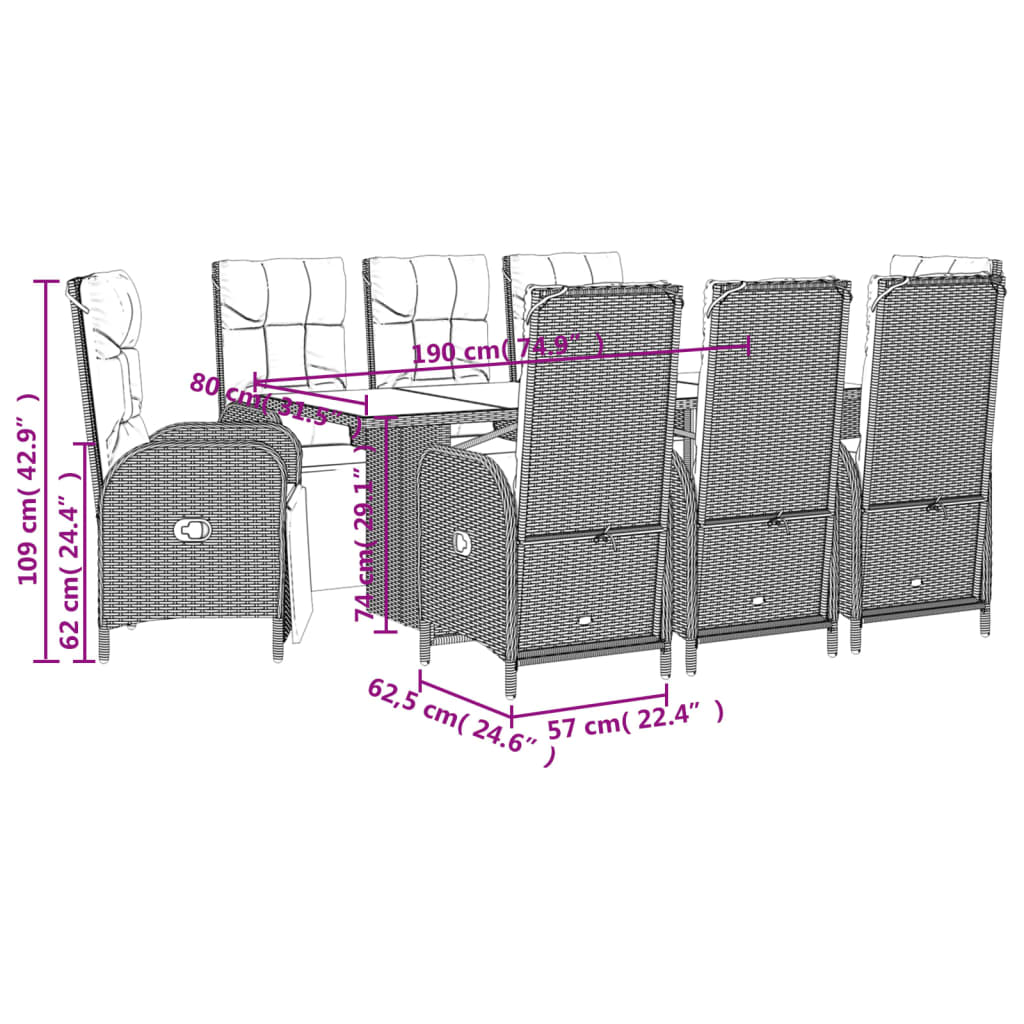 9-tlg. Garten-Essgruppe mit Kissen Grau Poly Rattan