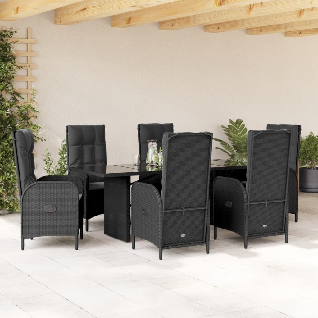 7-tlg. Garten-Essgruppe mit Kissen Schwarz Poly Rattan