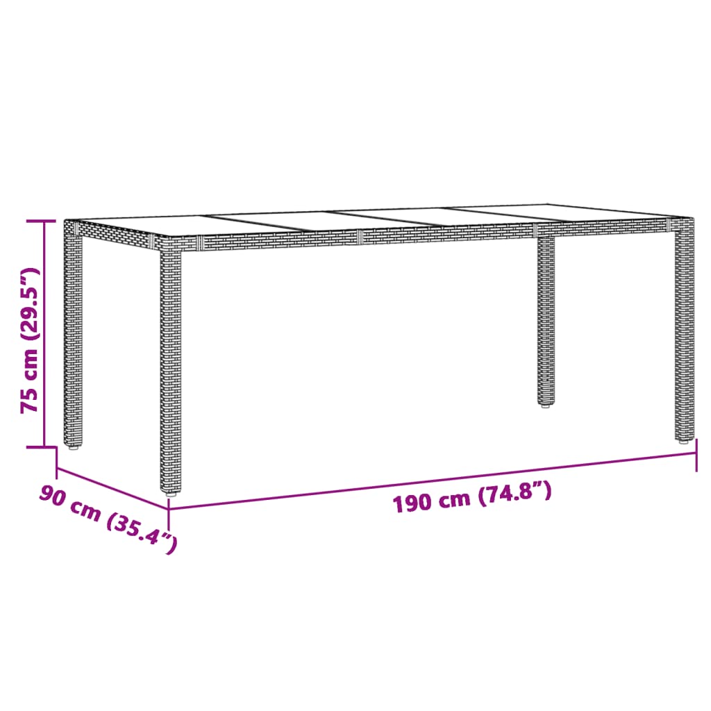 Gartentisch mit Glasplatte Braun 190x90x75 cm Poly Rattan