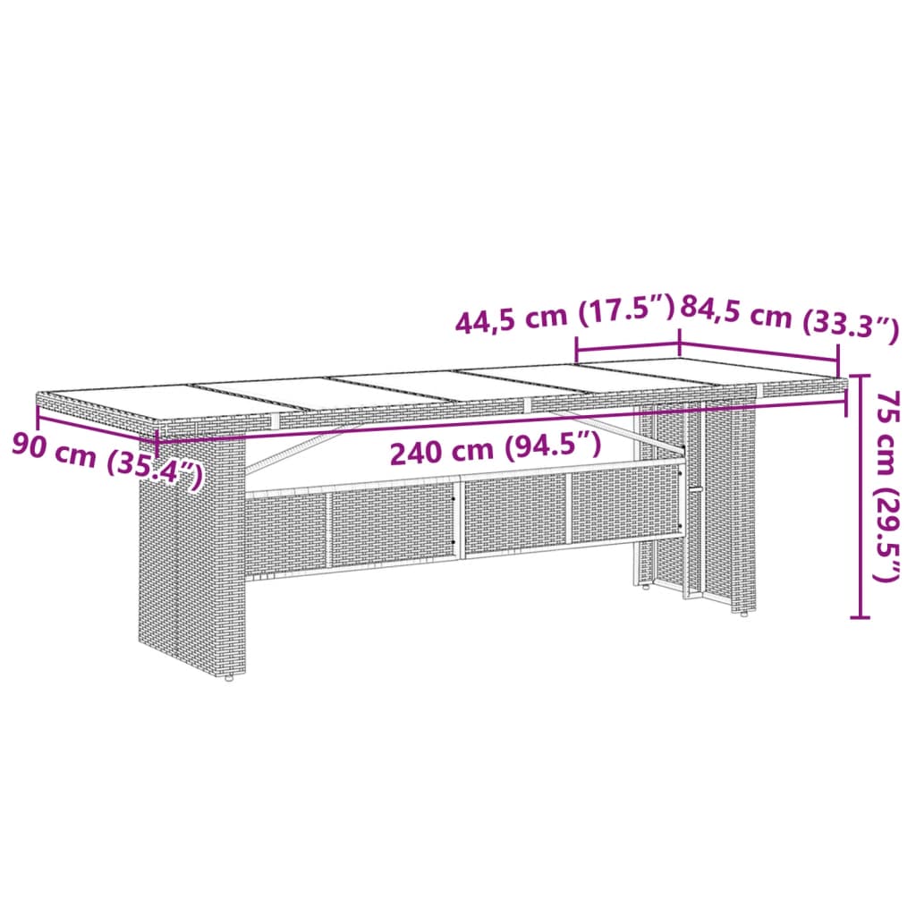 Gartentisch mit Glasplatte Schwarz 240x90x75 cm Poly Rattan