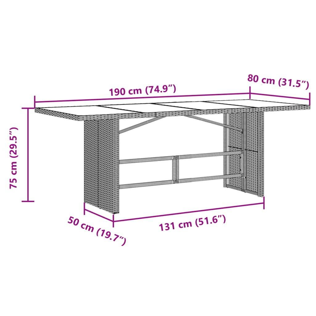 Gartentisch mit Glasplatte Braun 190x80x75 cm Poly Rattan