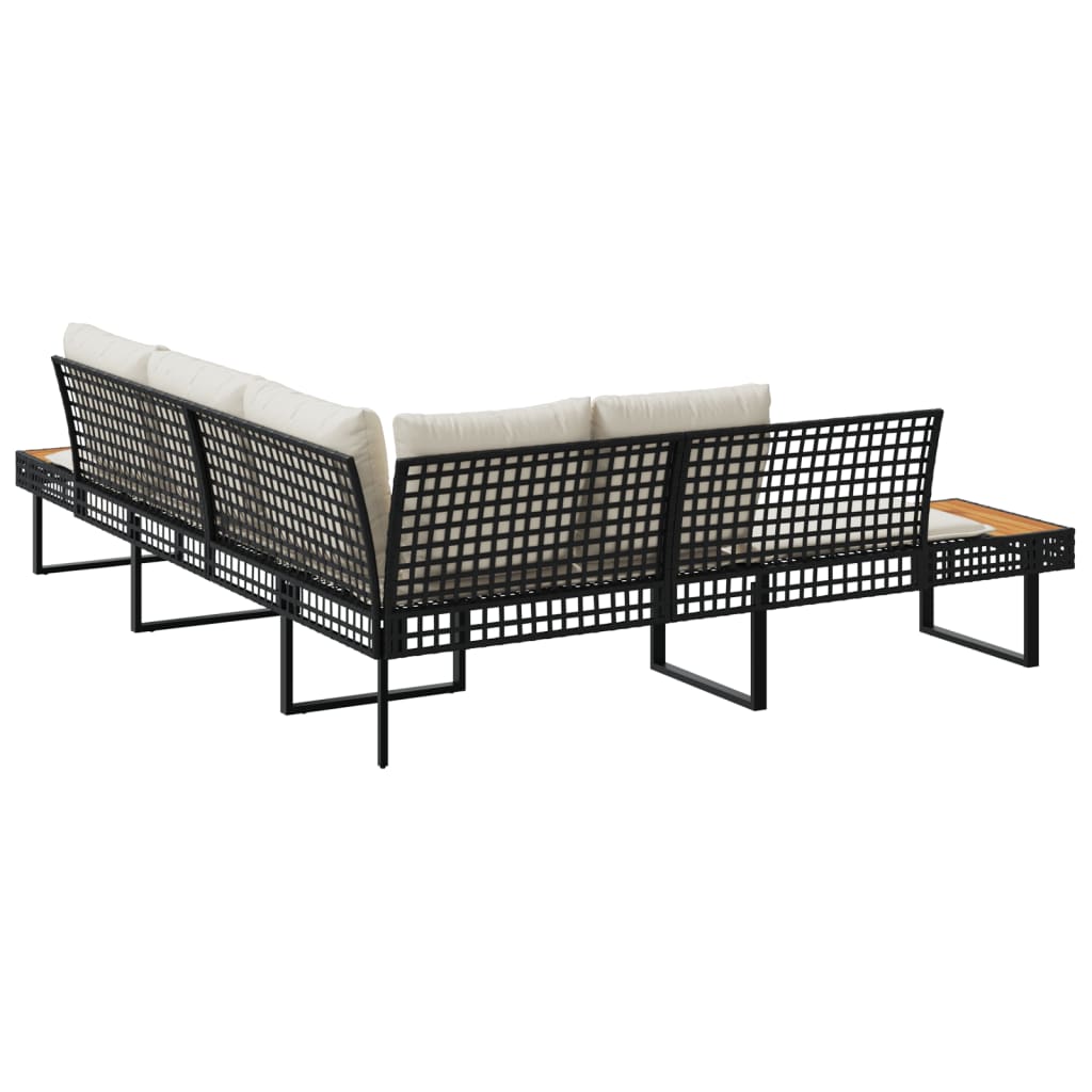 Gartensofa in L-Form mit Kissen Schwarz Poly Rattan und Akazie