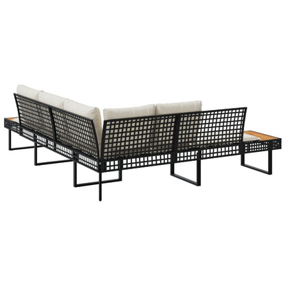 Gartensofa in L-Form mit Kissen Schwarz Poly Rattan und Akazie