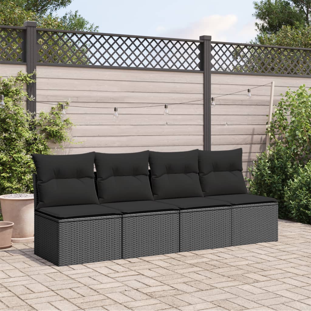 Gartensofa mit Kissen 4-Sitzer Schwarz Poly Rattan