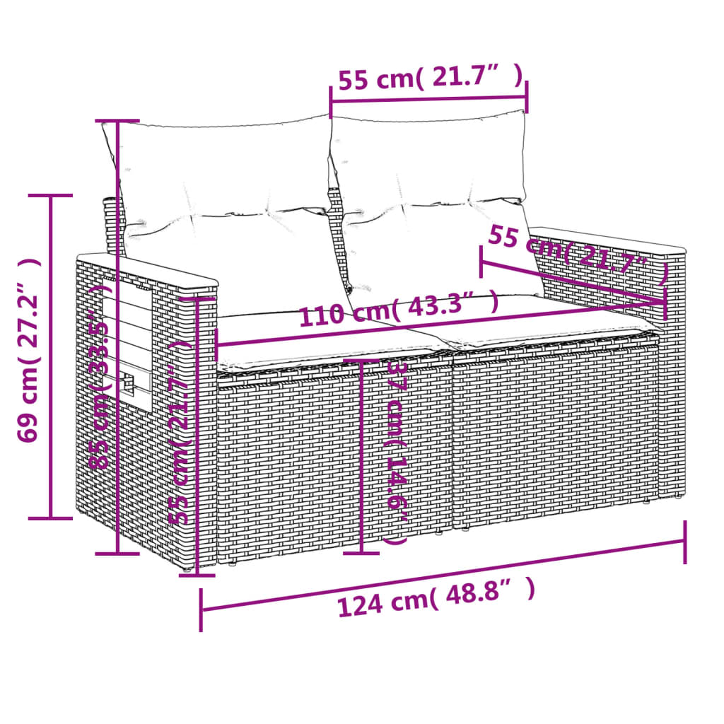 Gartensofa mit Kissen 2-Sitzer Schwarz Poly Rattan