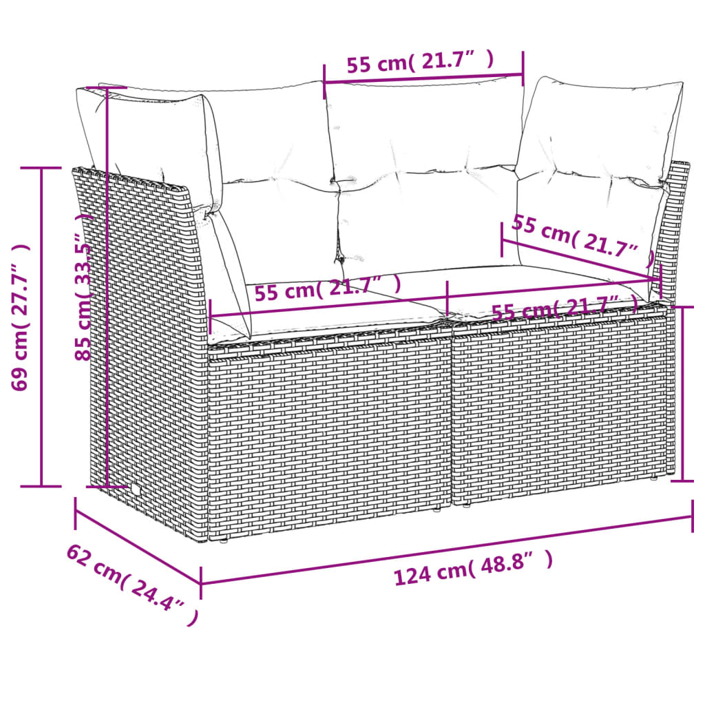 Gartensofa mit Kissen 2-Sitzer Schwarz Poly Rattan