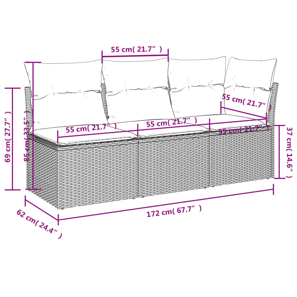 Gartensofa mit Kissen 3-Sitzer Schwarz Poly Rattan