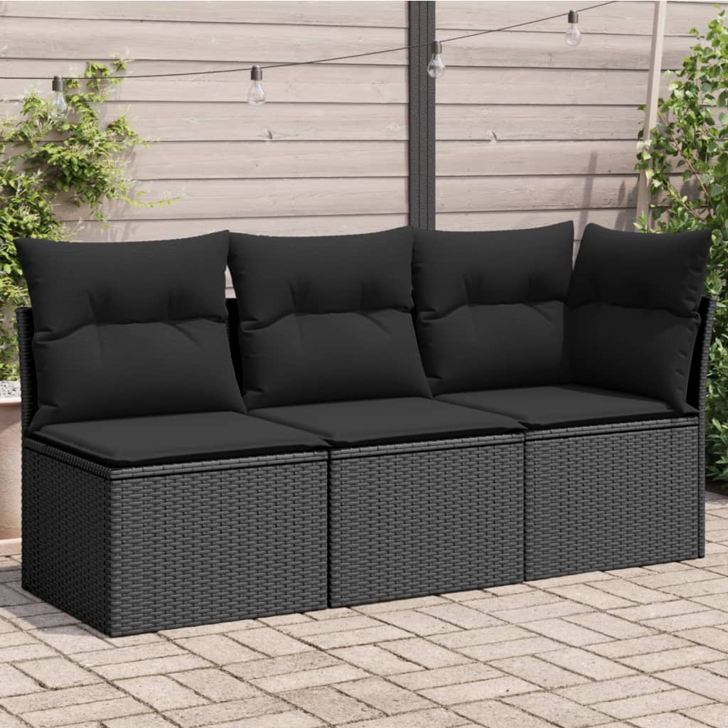 Gartensofa mit Kissen 3-Sitzer Schwarz Poly Rattan