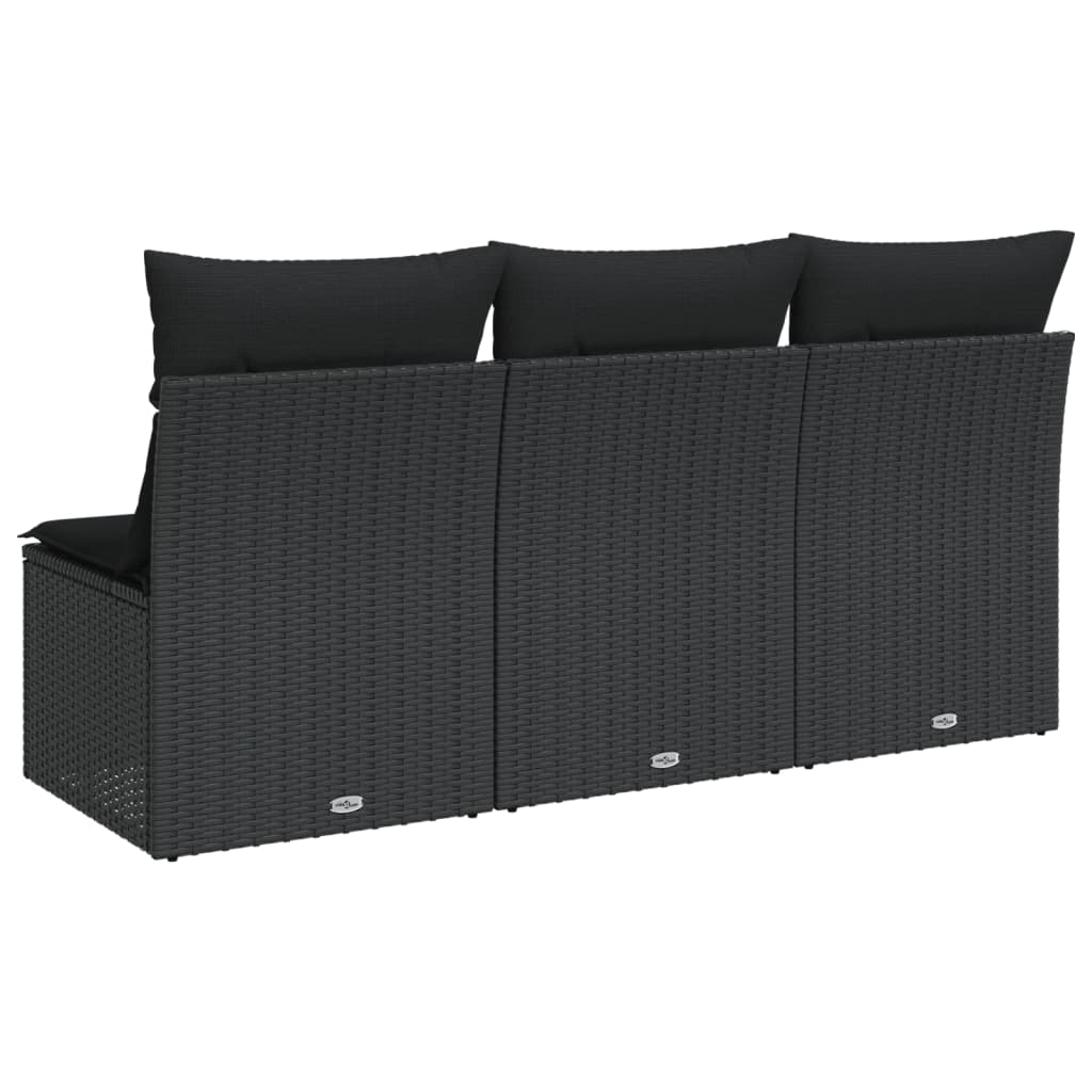 Gartensofa mit Kissen 3-Sitzer Schwarz Poly Rattan