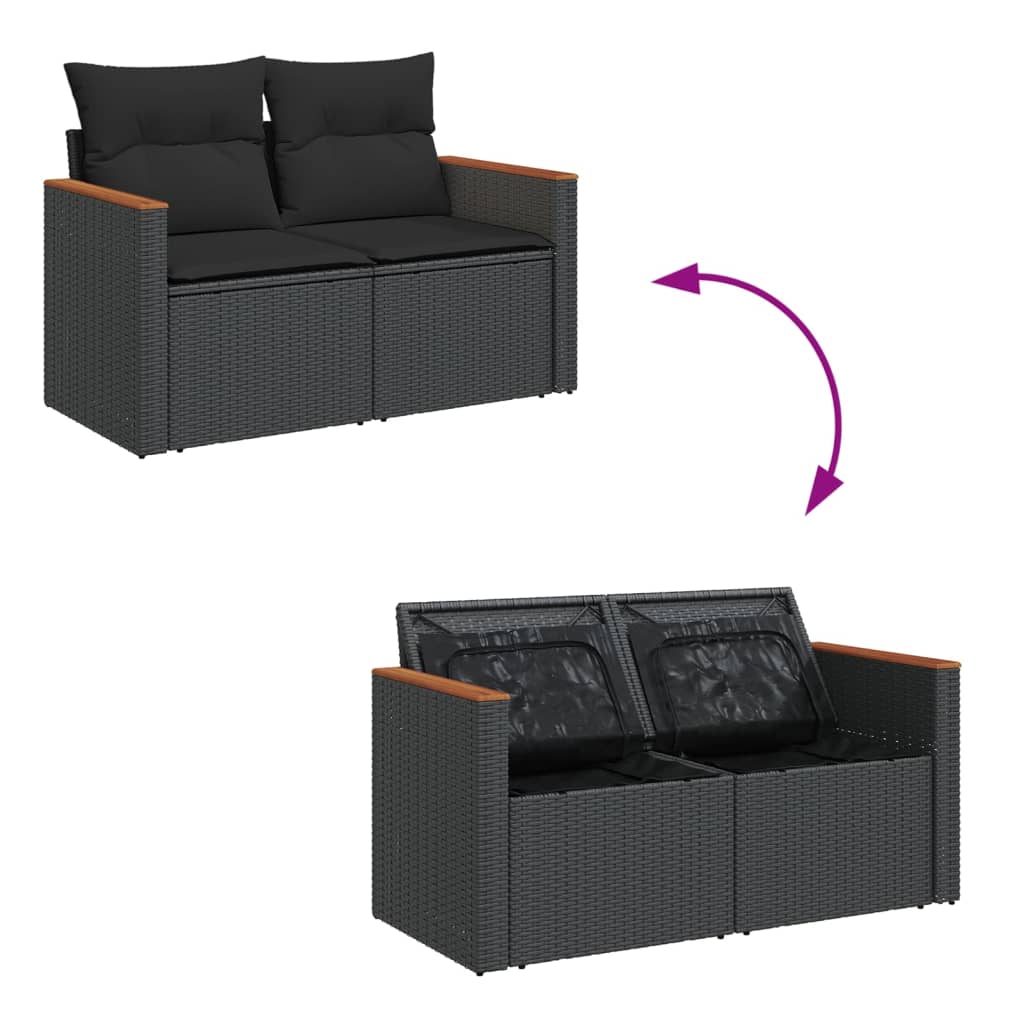 Gartensofa mit Kissen 2-Sitzer Schwarz Poly Rattan