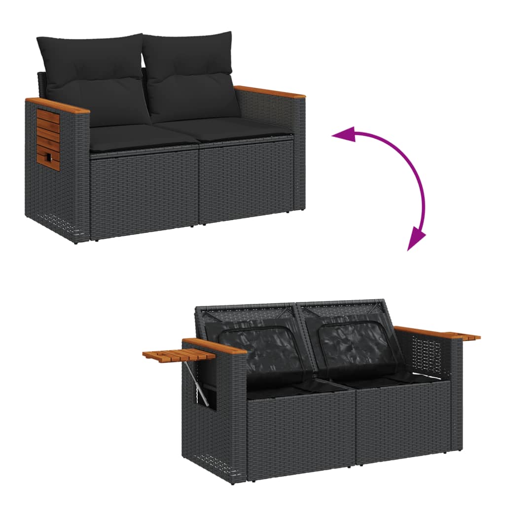 Gartensofa mit Kissen 2-Sitzer Schwarz Poly Rattan