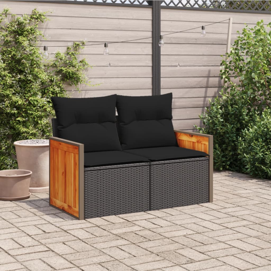 Gartensofa mit Kissen 2-Sitzer Schwarz Poly Rattan