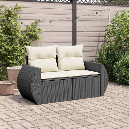 Gartensofa mit Kissen 2-Sitzer Schwarz Poly Rattan