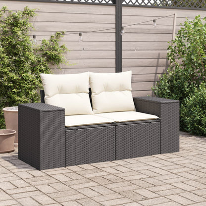 Gartensofa mit Kissen 2-Sitzer Schwarz Poly Rattan