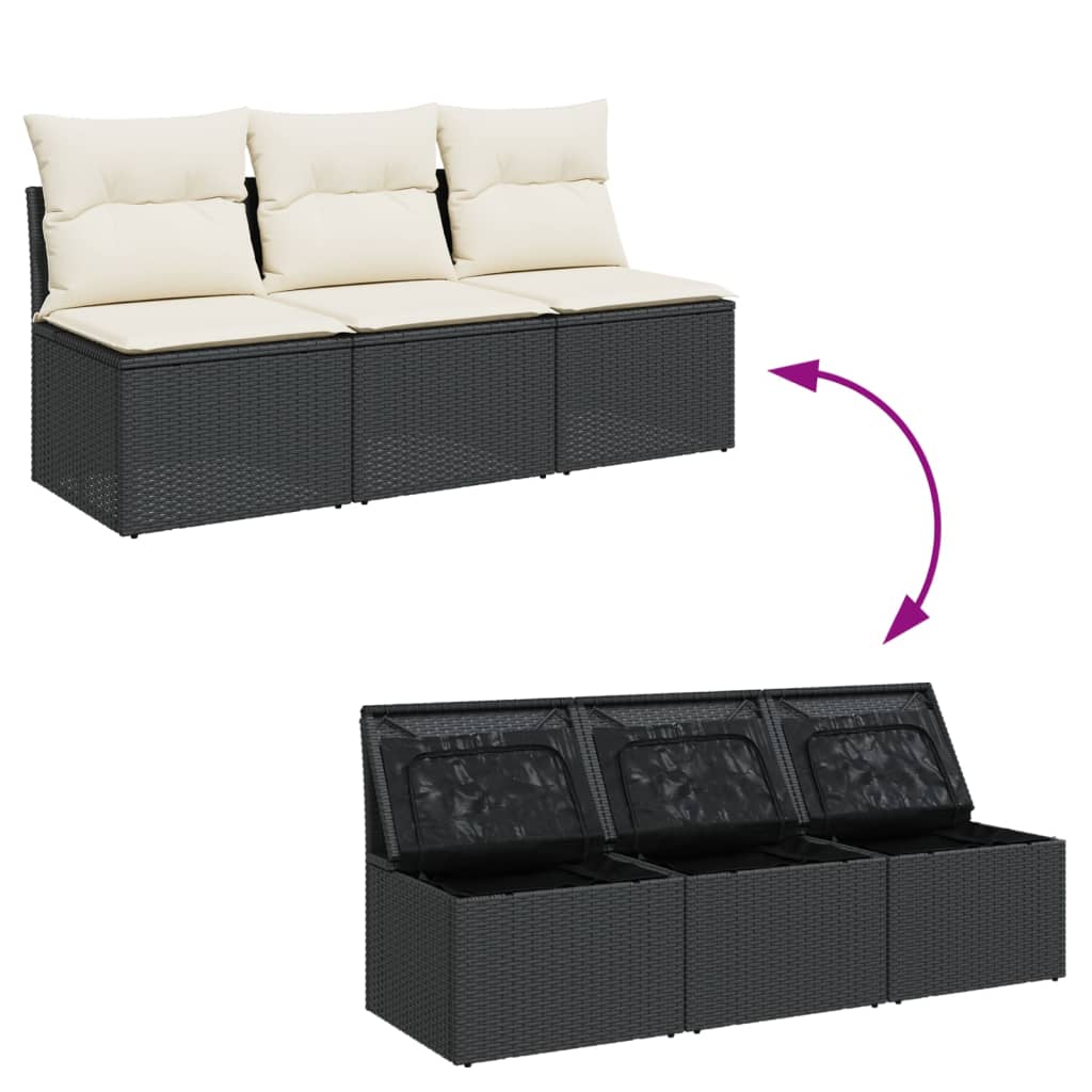 Gartensofa mit Kissen 3-Sitzer Schwarz Poly Rattan