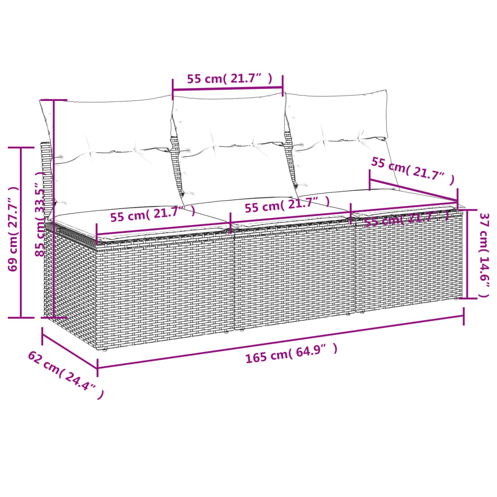 Gartensofa mit Kissen 3-Sitzer Schwarz Poly Rattan