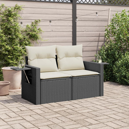 Gartensofa mit Kissen 2-Sitzer Schwarz Poly Rattan