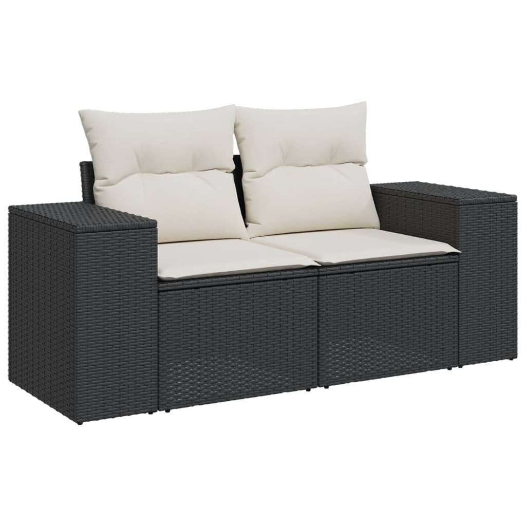 Gartensofa mit Kissen 2-Sitzer Schwarz Poly Rattan