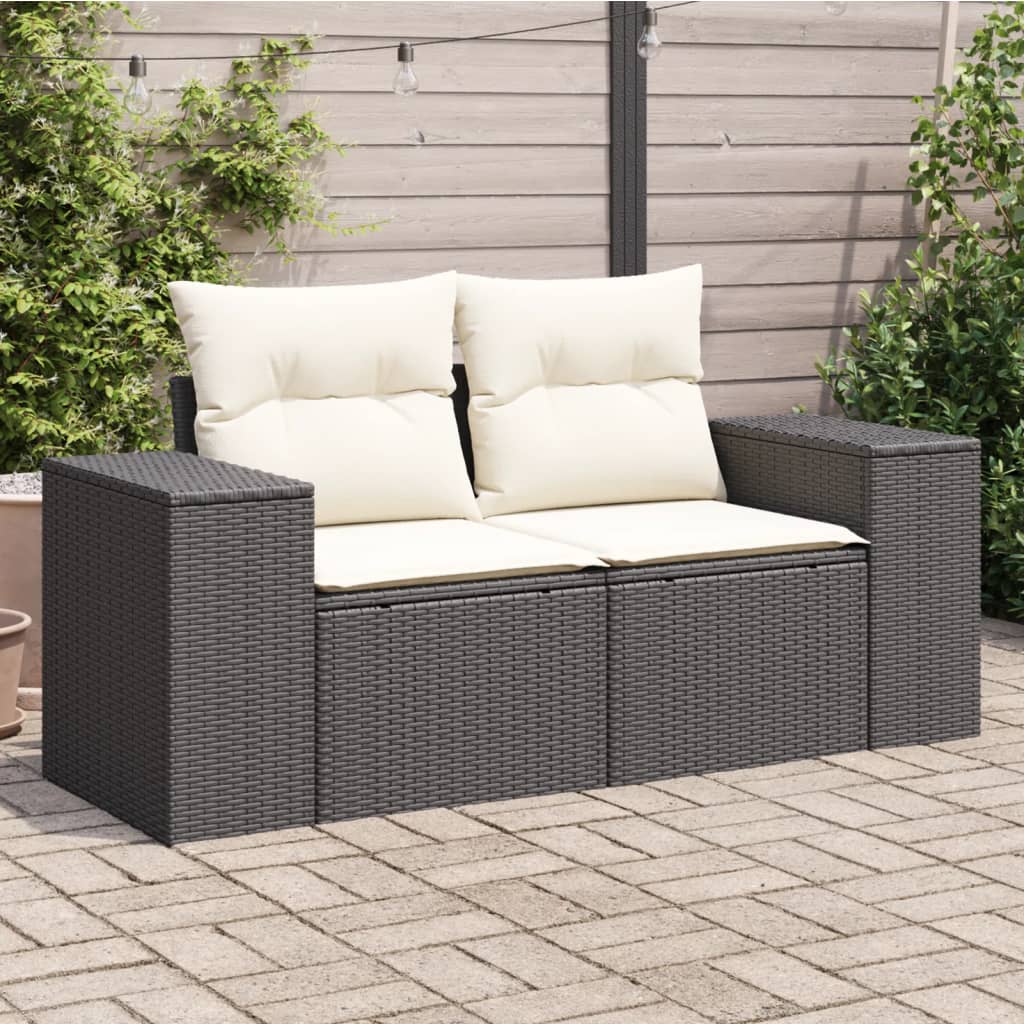 Gartensofa mit Kissen 2-Sitzer Schwarz Poly Rattan