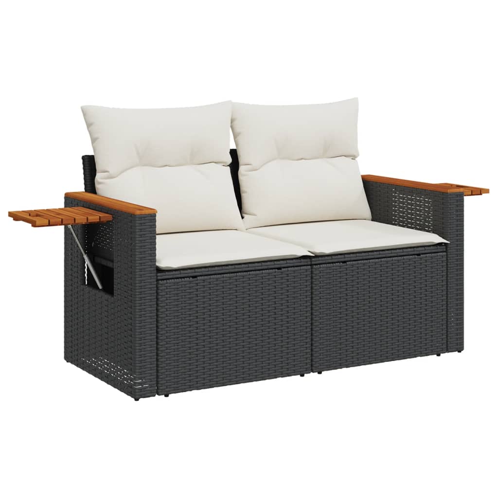 Gartensofa mit Kissen 2-Sitzer Schwarz Poly Rattan