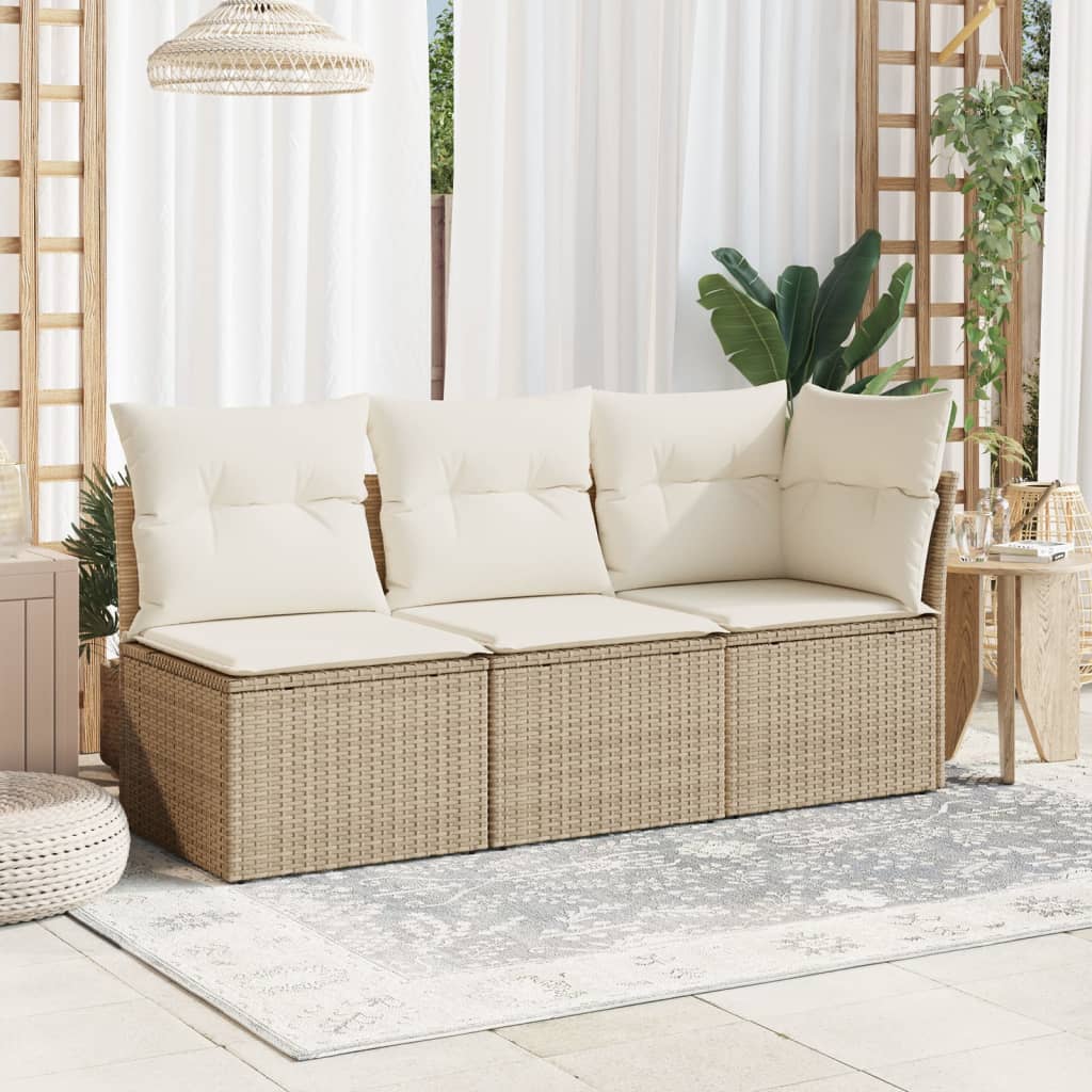 Gartensofa mit Kissen 3-Sitzer Beige Poly Rattan