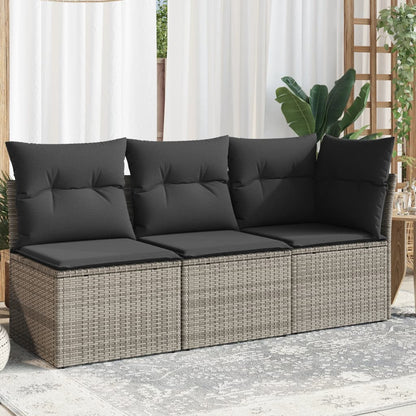 Gartensofa mit Kissen 3-Sitzer Grau Poly Rattan