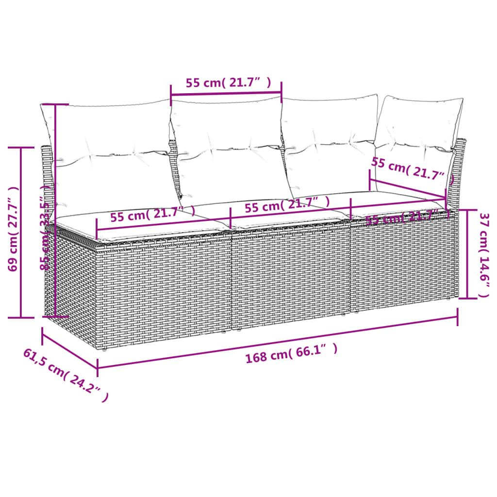 Gartensofa mit Kissen 3-Sitzer Hellgrau Poly Rattan