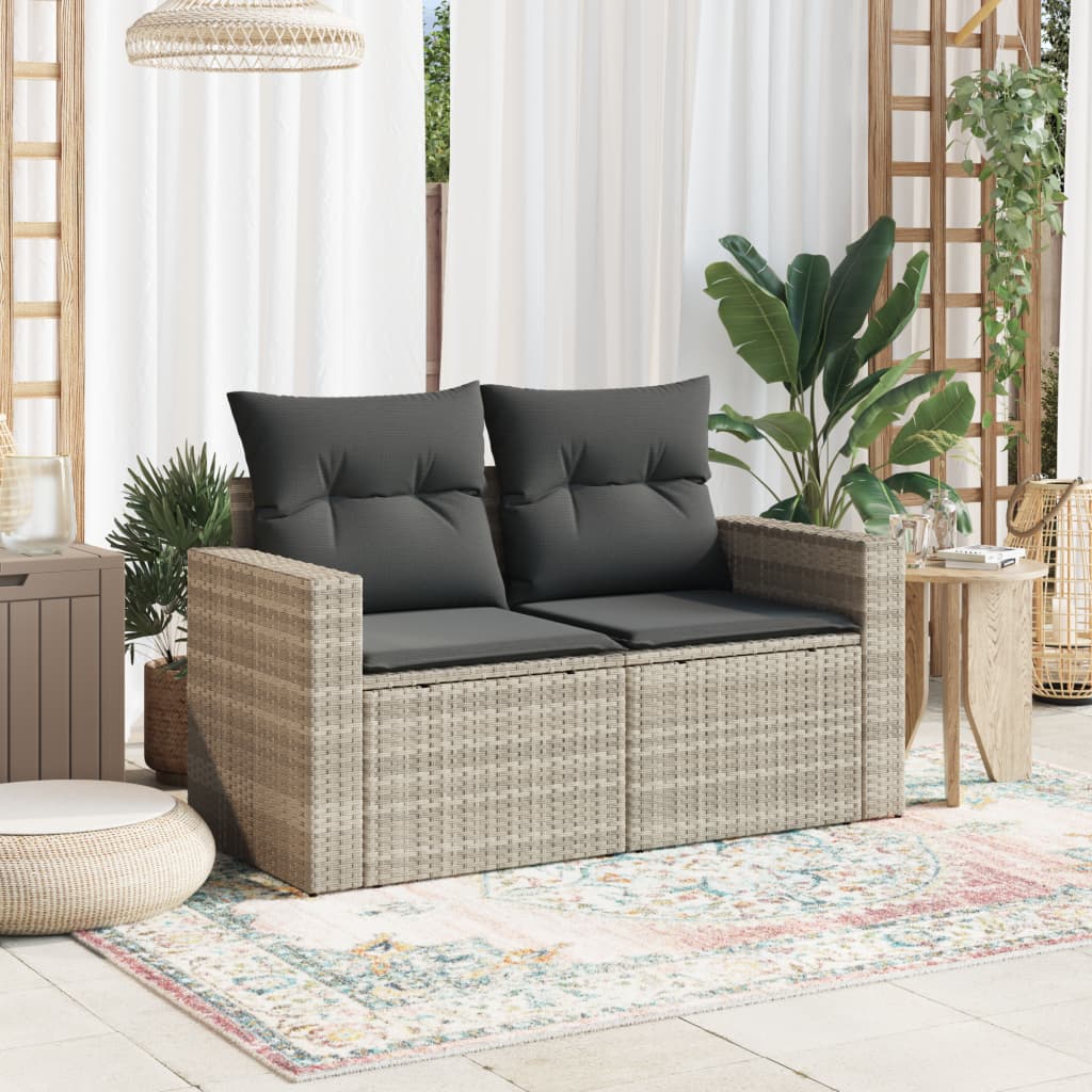 Gartensofa mit Kissen 2-Sitzer Hellgrau Poly Rattan