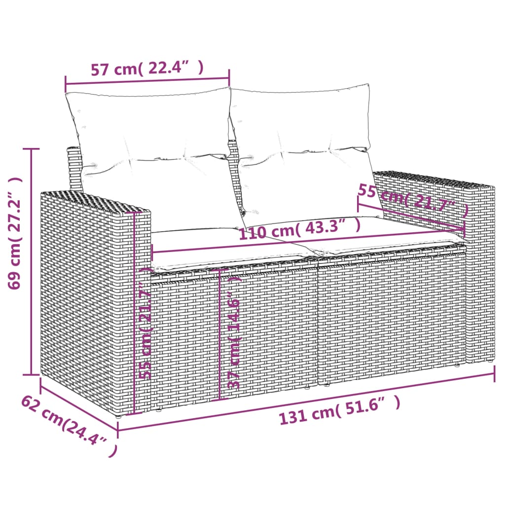 Gartensofa mit Kissen 2-Sitzer Hellgrau Poly Rattan