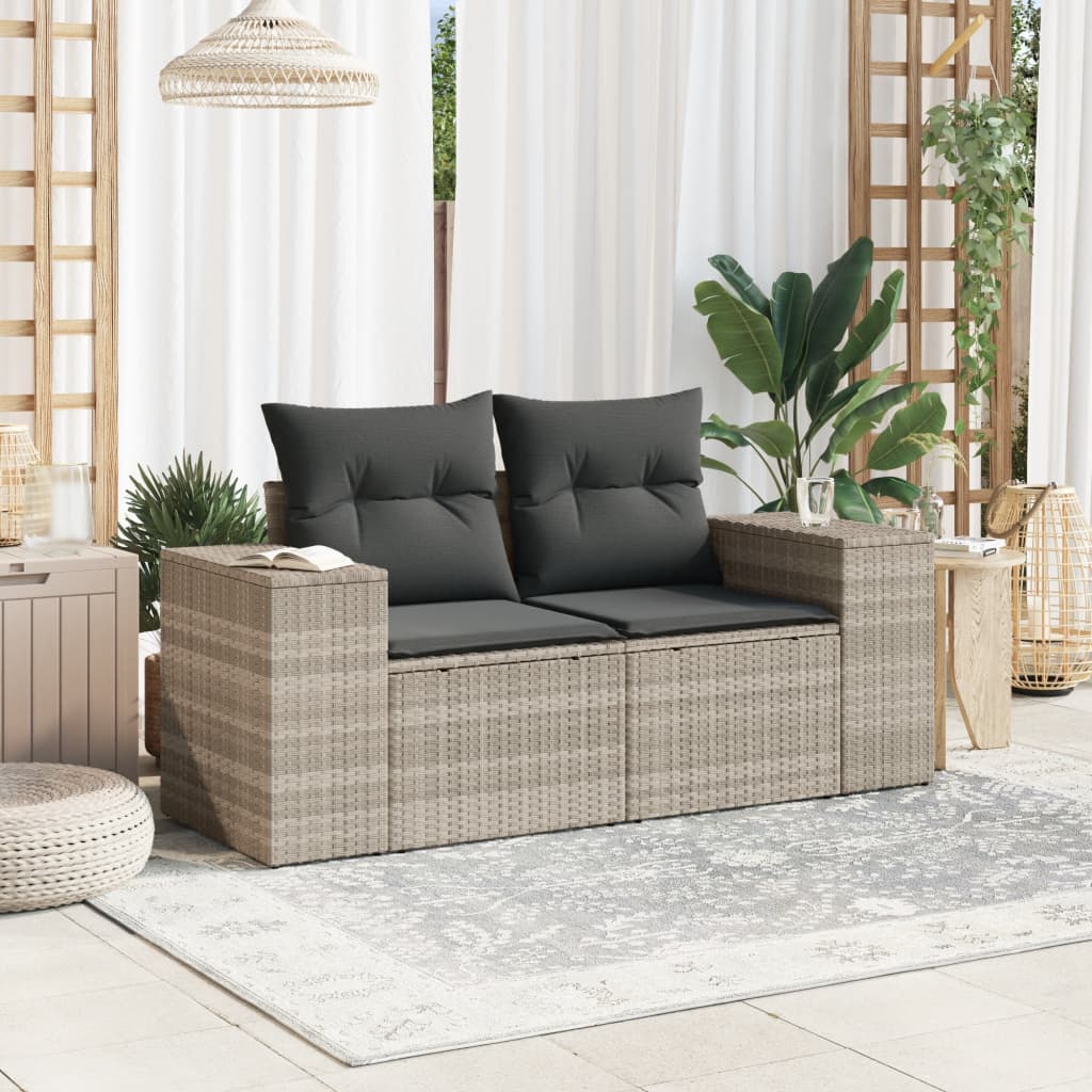 Gartensofa mit Kissen 2-Sitzer Hellgrau Poly Rattan