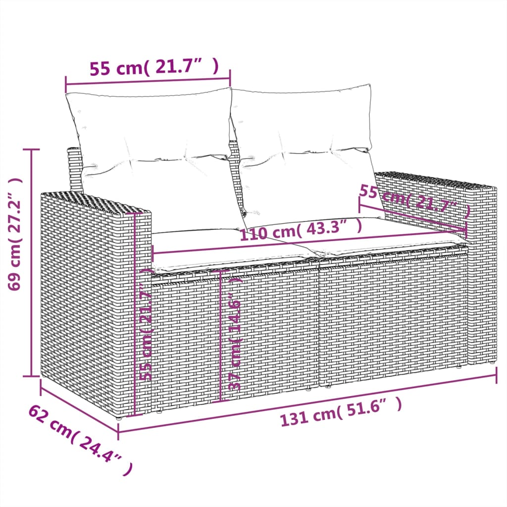 Gartensofa mit Kissen 2-Sitzer Braun Poly Rattan