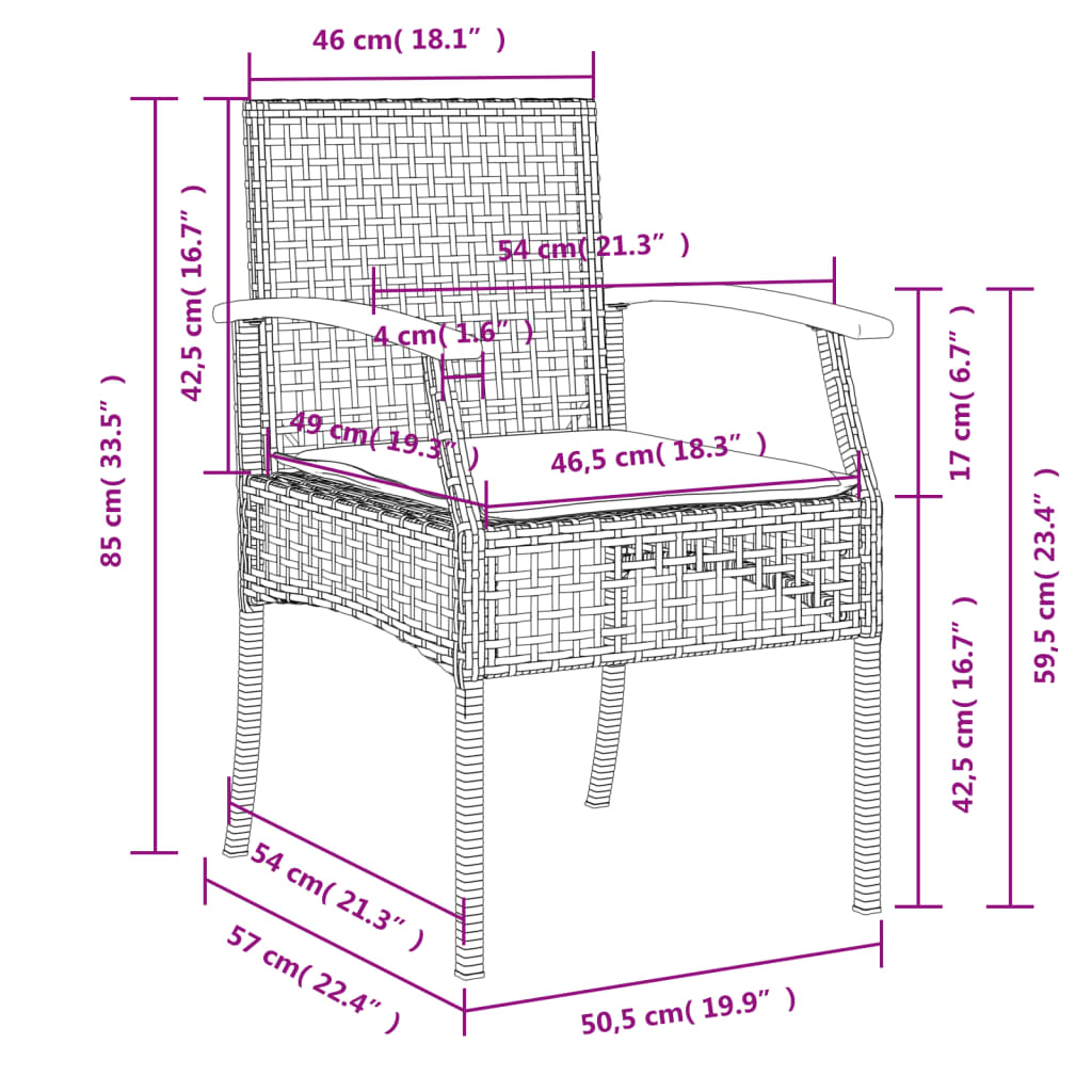 3-tlg. Garten-Essgruppe mit Kissen Schwarz Poly Rattan