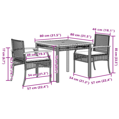 3-tlg. Garten-Essgruppe mit Kissen Schwarz Poly Rattan