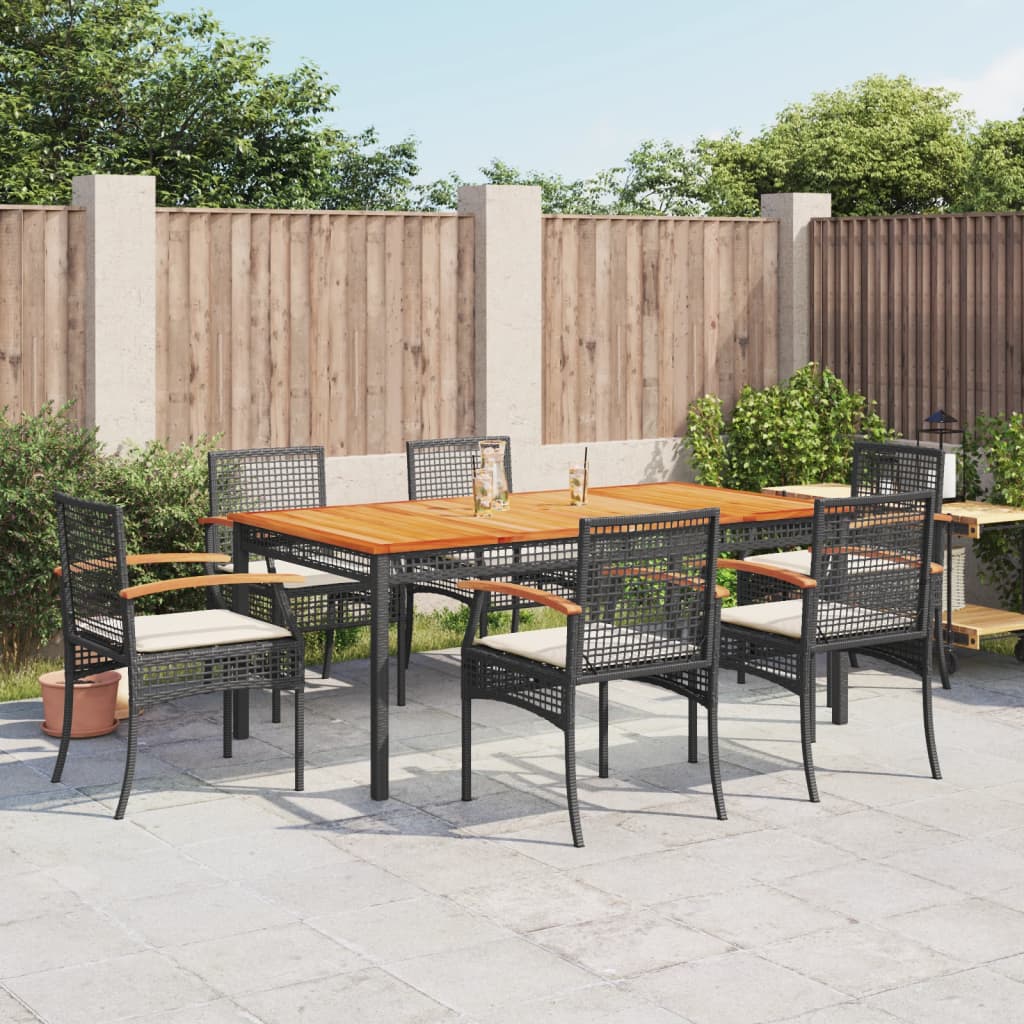 7-tlg. Garten-Essgruppe mit Kissen Schwarz Poly Rattan