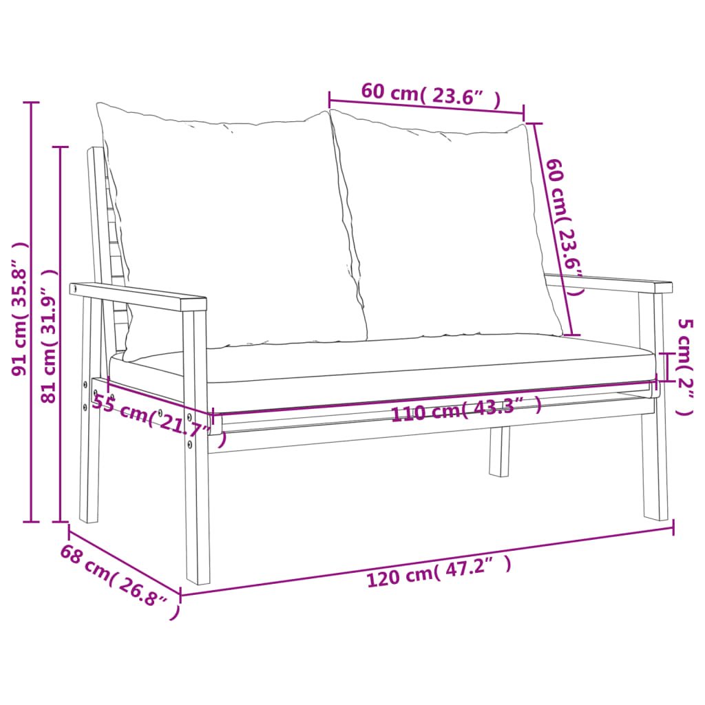 Gartensofa 120 cm mit Kissen Massivholz Akazie