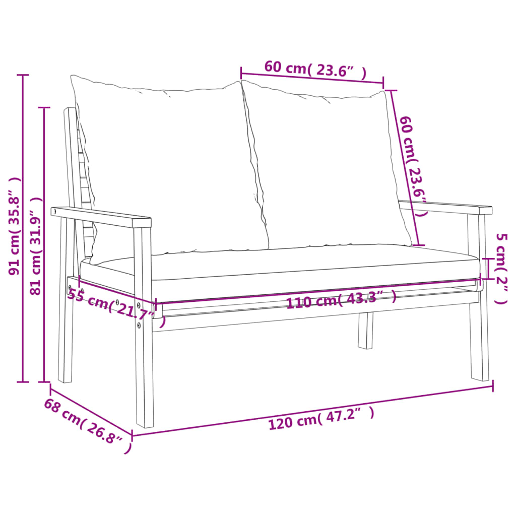 Gartensofa 120 cm mit Kissen Massivholz Akazie