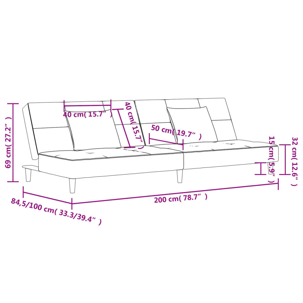 Schlafsofa 2-Sitzer mit 2 Kissen Schwarz Stoff