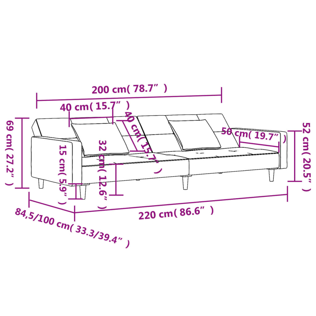 Schlafsofa 2-Sitzer mit 2 Kissen Hellgrau Samt