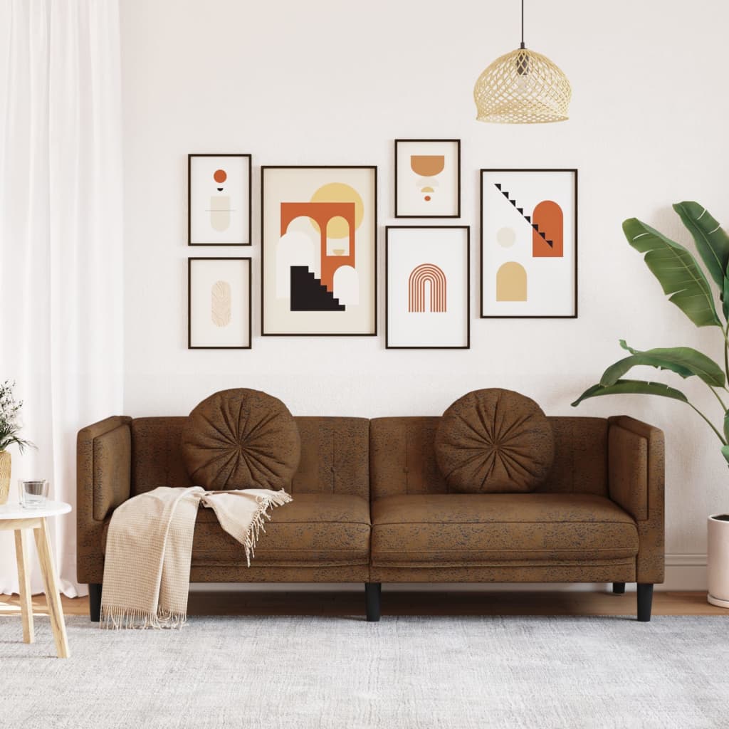 3-Sitzer Sofa mit Kissen Braun Kunstleder Wildleder-Optik