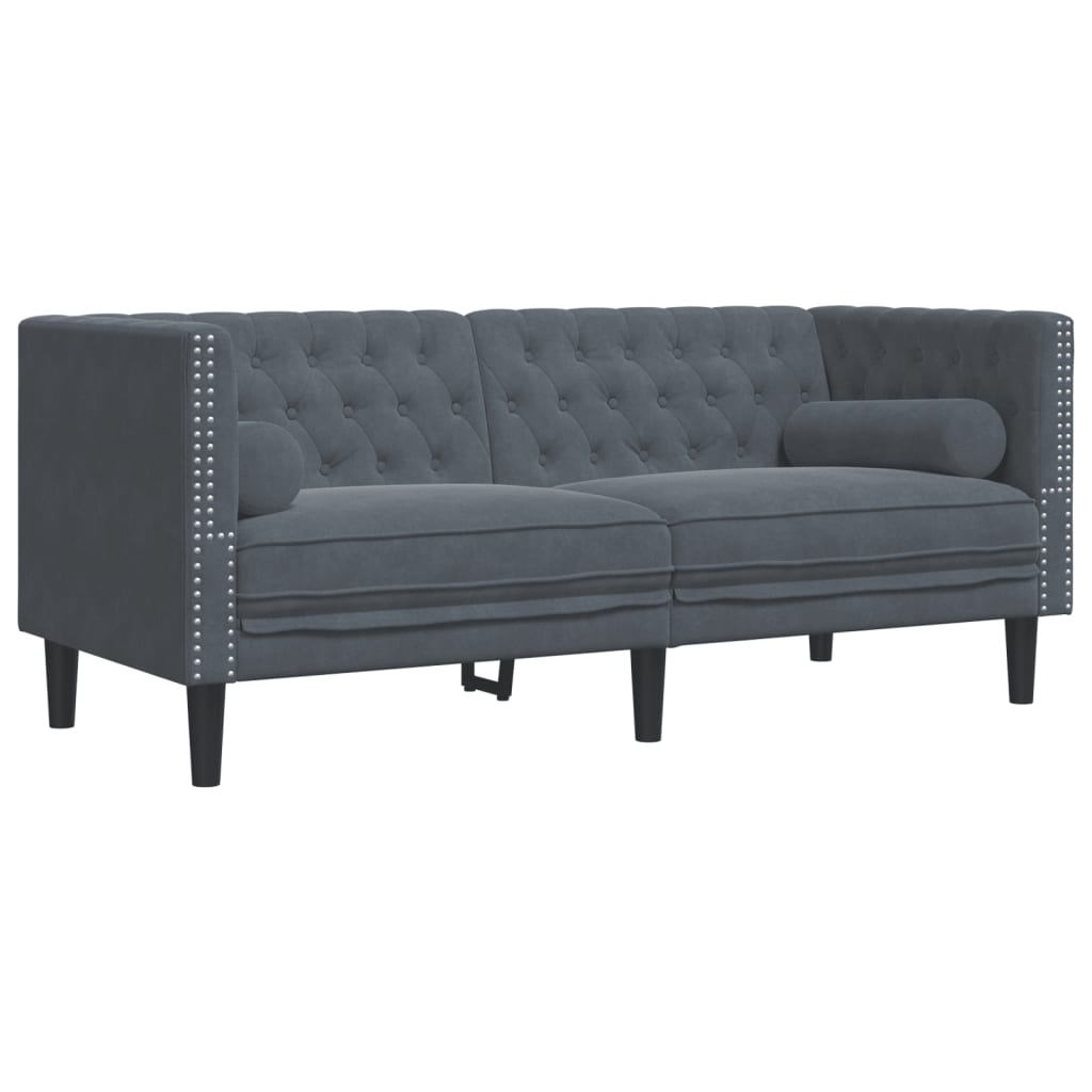 Chesterfield-Sofa mit Nackenrollen 2-Sitzer Dunkelgrau Samt